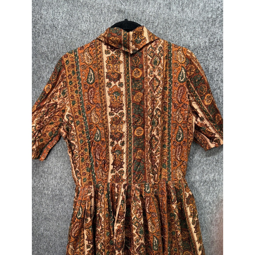 Boho‎ Paisley Dress Womens Medium Brown Orange Green Button Front Short Sleeve - Picture 10 of 12
